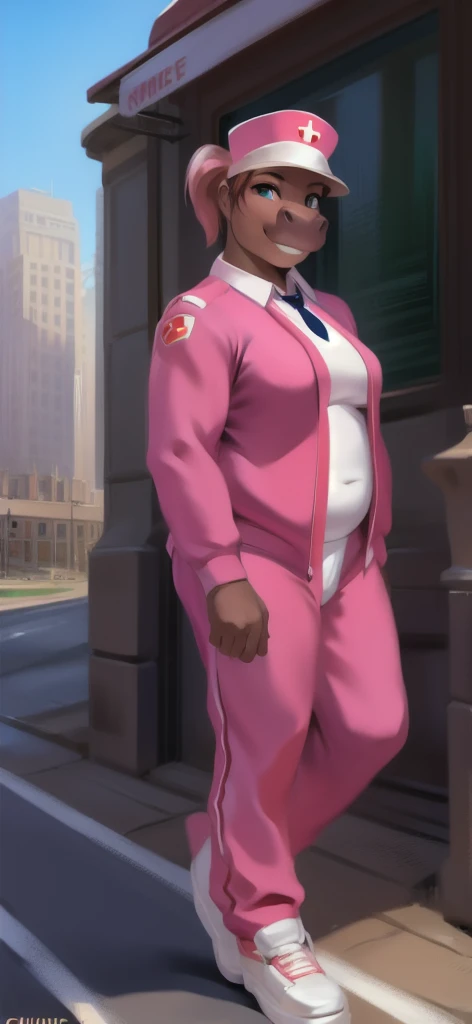   alone , female​ Tall​ ,model, stand, road,hippo female , Chief Nurse, pink Tracksuit soldier ,  Overweight  ,   tie the muscles, Smiling , Pink ponytail, by chunie 