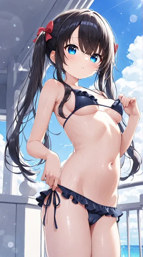  bokeh processing:1.3,   side-tie bikini, frilled bikini, lowleg bikini. hand under swimsuit, adjusting swimsuit, cameltoe,   sea-view balcony、blue sky、summer, Cumulonimbus, bashful 、(  1girl , slim, cute young woman,  medium breasts, black hair、Long side ...