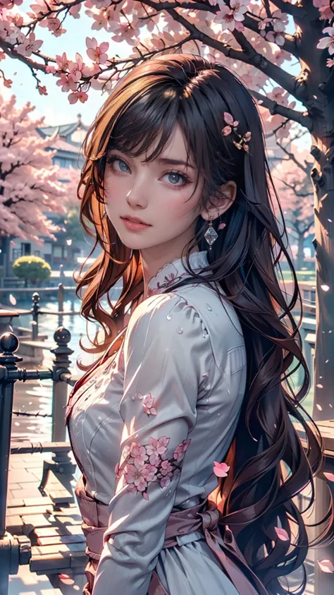 ((  Diamond Earrings  .) ( masterpiece,  top quality,  top quality,  Official Art,  Beauty and aesthetics : 1.2),  very well detailed,  colorful,  most detailed, [branch, building, Barbed wire,  cherry blossom,  fence,  long hair, Outdoors,  petals, landsc...