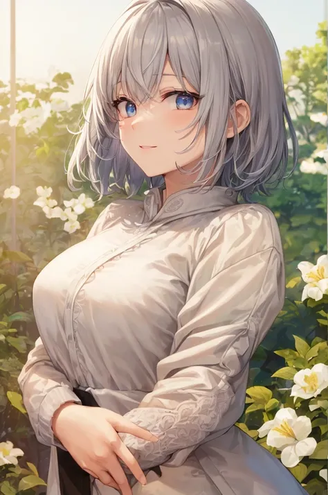  white hoodie、 black shirt、Ultra HD, look at viewers, and, 20 years old, 非常に short hair,  long bangs between eyes ,  pale blue eyes,  very detailed,( Masterpiece、 top quality),Gray Hair、Laughter、 amazing,  Silver Hair,  iris, Small face、明るいsmile、( detailed...