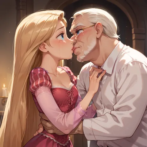 1girl ,rapunzel,,skinny, beautiful, blue eyes, ((red dress)), crying, old man kisses her,  kised by an old man