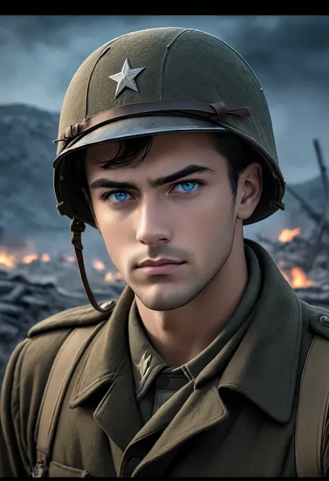 ((masterpiece)), ((Detailed)), ((best quality)), 28 year old man, handsome, glacier blue eyes, black disheveled hair, 1940's WW2 American soldier, military uniform, dark lit trenches battlefield background, serious expression, strong arms.