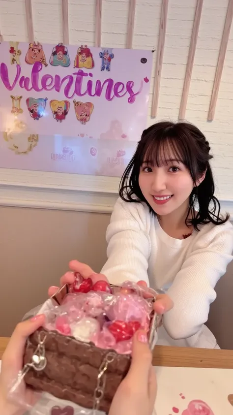 A bubbly young woman with pink twin-tails and a playful expression, dressed in a cute Valentine's Day outfit with heart motifs. She leans slightly towards the camera, extending a beautifully wrapped chocolate box to the viewer. The background features colo...