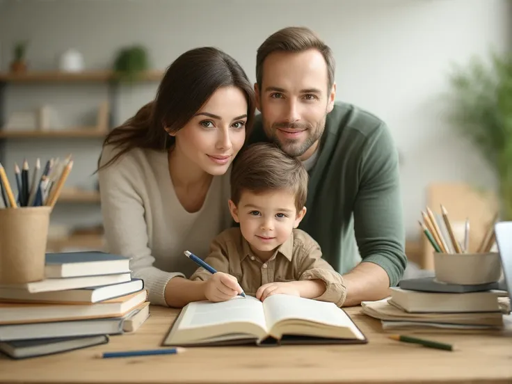 homeschooling, parents: brunette mother and white father. educating ren at home with the help of online classes. Realistic 3D, at the top strategically placed the word Nextgenius