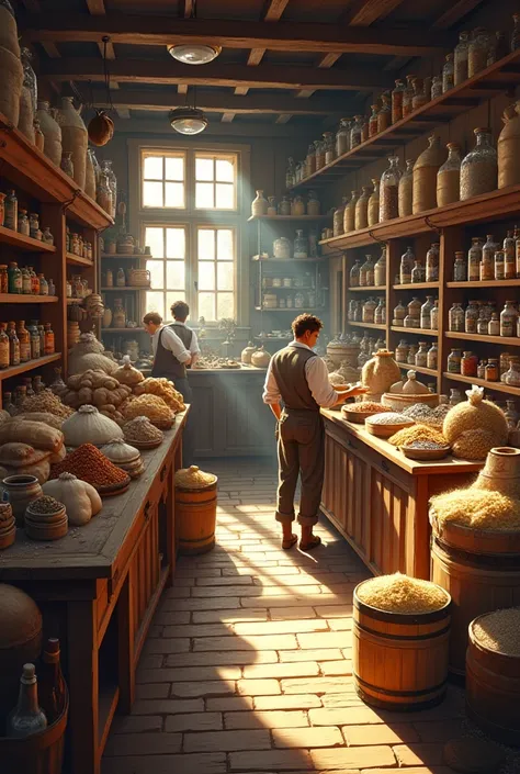 /The shop is filled with sacks of grains, spices, and other goods.,-- ar3:2
