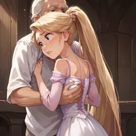 1girl ,rapunzel, skinny, beautiful, blue eyes,((white dress, off shoulder)), afraid, crying, old man embraces her from behind, groping, grabbing, ponytail