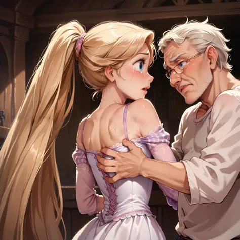 1girl ,rapunzel, skinny, beautiful, blue eyes,((white dress, off shoulder)), afraid, crying, old man embraces her from behind, groping, grabbing, ponytail