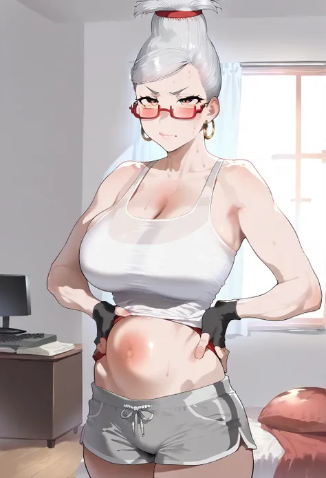       surreal,    alone:2、  Woman 1 :2、 Seiko _Wow, Gray Hair, hair up, red ornament ,  big breasts,  red glasses,  hair bun, single  hair bun,   hoop earrings ,  Dolphin Shorts ,  grey shorts,  shorts, gray armrest , Fingerless gloves, grey knee-highs,  w...