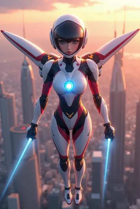 Japanese animation art. A beautifully designed and sophisticated female android soars through the skies of a futuristic city. Her sleek, aerodynamic armor is primarily white, accented with red and black, forming a high-tech bodysuit. A glowing blue energy ...