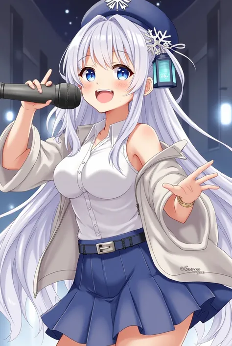  1 girl,microphone,  long hair, Big Breasts,  I'm watching the viewers, smile,  open your mouth,  blue eyes,  hair ornament ,  above Decorati has ,  Lantern,  jacket,  white shirt,  Grey Hair ,  multi-colored hair ,  sleeveless,   collared shirt , belt, le...