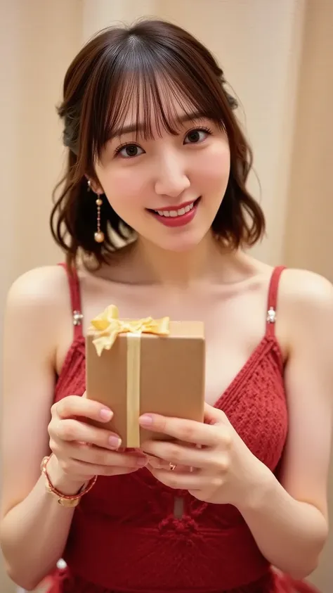 A beautiful young woman with wavy chestnut hair, dressed in an elegant red dress. She gazes directly into the camera with a charming smile, holding a luxury chocolate box wrapped with a golden ribbon towards the viewer. The background is minimalistic with ...