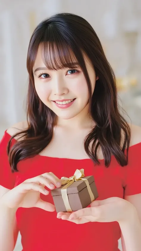 A beautiful young woman with wavy chestnut hair, dressed in an elegant red dress. She gazes directly into the camera with a charming smile, holding a luxury chocolate box wrapped with a golden ribbon towards the viewer. The background is minimalistic with ...