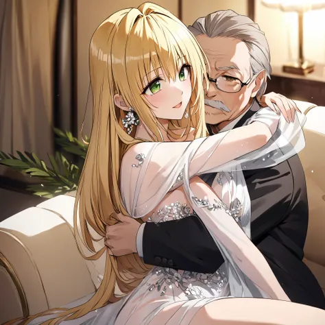 (( top quality )), ((masterpiece)), ( Details), （perfect face）、 The blonde and green-eyed Tiayu Lunatique, who became the wife of a millionaire, wears a gorgeous and beautiful see-through dress and see-through cape with white elegance, and is it inconvenie...