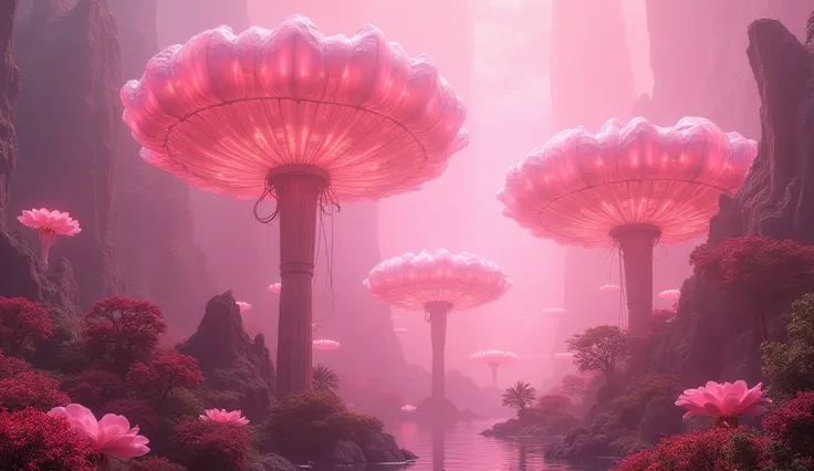 Venusian garden with colossal, luminescent flowers, iridescent petals unfolding like celestial umbrellas, suspended in mid-air amidst a dense, rose-tinted atmosphere with soft, ethereal light. The flowers' delicate, almost translucent textures glow with a ...