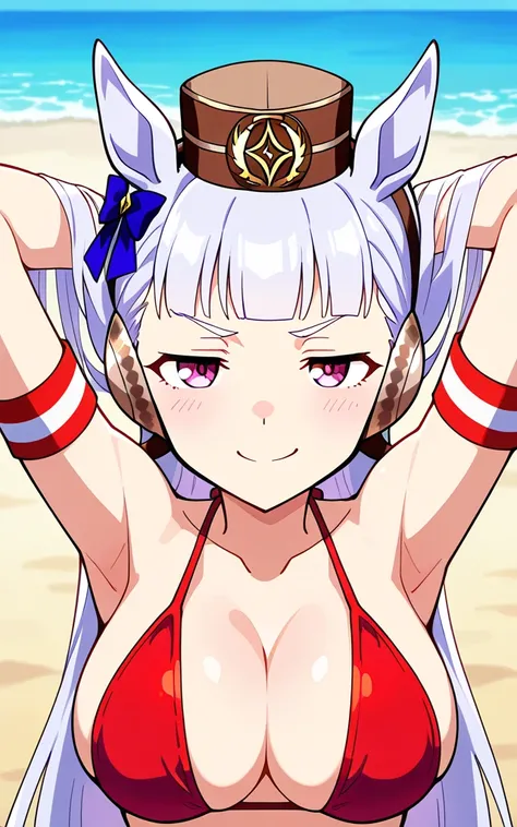 score_9, score_8_up, score_7_up, source_anime, anime screencap, 1girl, solo, gold ship umamusume, white hair, eyebrows, purple eyes, long hair, hair bang, little hat, animal ear, bare shoulders, red slingshot bikini, arms behind head, armpits, looking at v...