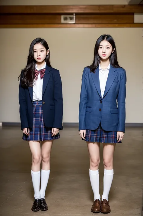 resolution,( photorealistic: 1.4,RAW shooting),  school classrooms, 18-year-old girl,  long dark hair,  realistic skin texture,Full Body Expression , standing facing the front,Blue blazer, red plaid skirt,  white socks,  brown shoes,  chocolate