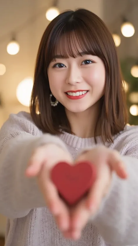 A cheerful young woman with shoulder-length brown hair and a warm smile, wearing a cozy pastel sweater. She is reaching towards the camera, offering a heart-shaped chocolate box with both hands. The background is softly blurred, resembling a cozy room with...