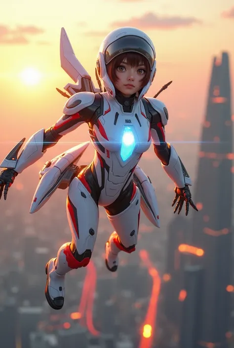 Japanese 2D animation art. A beautifully designed and sophisticated female android soars through the skies of a futuristic city. Her sleek, aerodynamic armor is primarily white, accented with red and black, forming a high-tech bodysuit. A glowing blue ener...