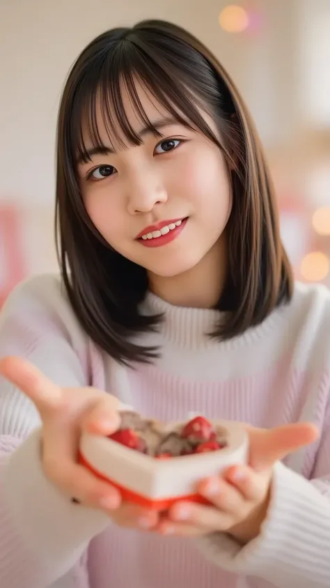 A cheerful young woman with shoulder-length brown hair and a warm smile, wearing a cozy pastel sweater. She is reaching towards the camera, offering a heart-shaped chocolate box with both hands. The background is softly blurred, resembling a cozy room with...