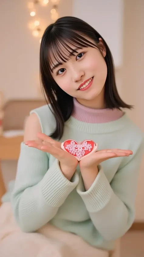 A cheerful young woman with shoulder-length brown hair and a warm smile, wearing a cozy pastel sweater. She is reaching towards the camera, offering a heart-shaped chocolate box with both hands. The background is softly blurred, resembling a cozy room with...