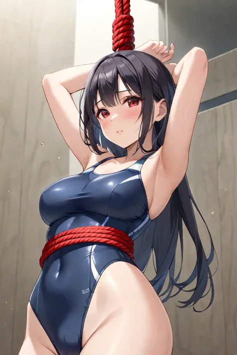  school swimsuit　My arms are tied over my head　 tortoise shell bondage　Red Rope　Long black hair　 beauty　Beauty　 beautiful girl　足もRed Ropeで縛られている