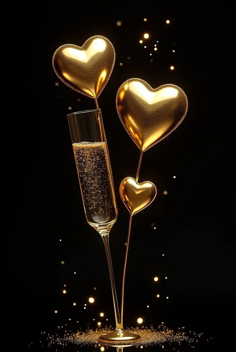 Make a flyer with gold chrome hearts , champagne and a message wishing happy valentines in gold. The background should be black. The flyer should belegant 