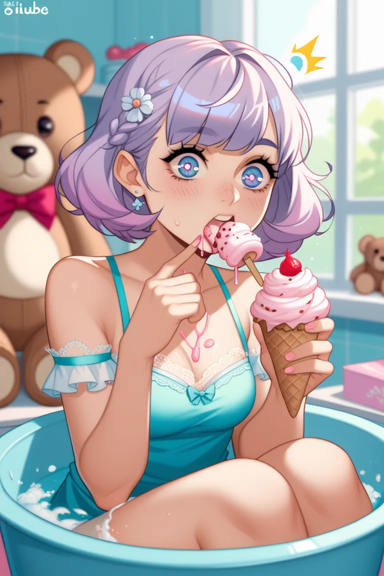 A cute anime-style character with pastel lavender hair and soft, feminine features is sitting inside an open fridge, caught eating cookie dough. She has a surprised yet playful expression, with a small ice cream stain on her face. The fridge is filled with...