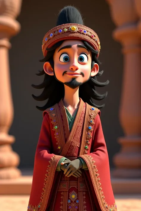 3d pixar animation style, man of mid 40s, anicient persian rob and turban, wavy black long hair, angular face, neatlynteimmes goatee, tall, expresive blue eyes