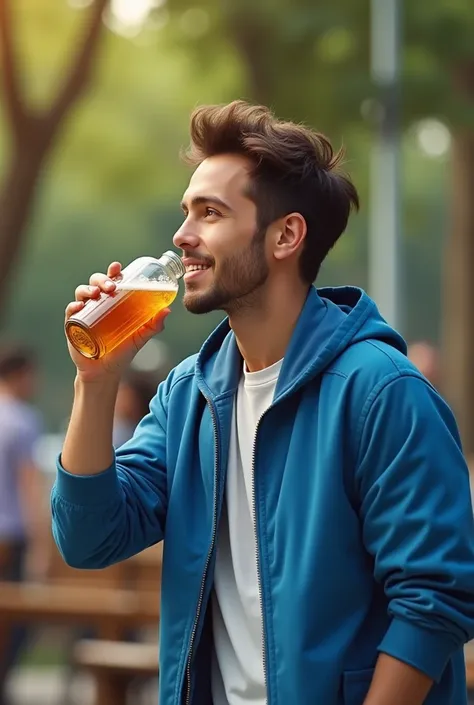 Young man in blue jacket drinking drink in the bottle 