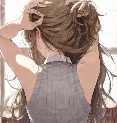 ((Masterpiece, best quality)), JK, intricate details, light freckles, from behind, hands in hair, thin, long light brown hair, sleeveless white collared shirt, ribbed gray vest, purple pleaded skirt, ((long swept bangs)), library, books, sun rays, windows,...