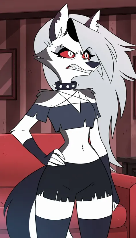 anime screencap, absurdres, high quality, official style, 1girl, solo, loona \(helluva boss\), loona, long hair, red eyes, animal ears, collarbone, tail, grey hair, wolf ears, claws, wolf tail, furry, colored sclera, furry female, wolf girl, body fur, whit...