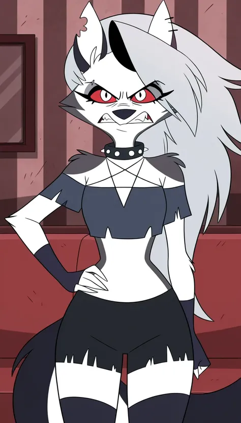 anime screencap, absurdres, high quality, official style, 1girl, solo, loona \(helluva boss\), loona, long hair, red eyes, animal ears, collarbone, tail, grey hair, wolf ears, claws, wolf tail, furry, colored sclera, furry female, wolf girl, body fur, whit...