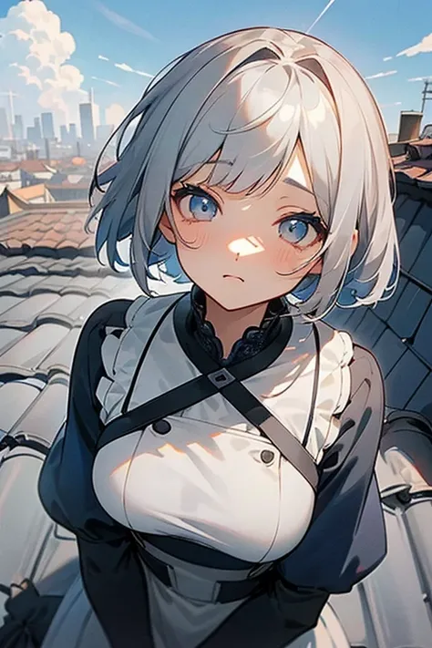     short hair、   gray hair、, , (( anime beautiful eyes looking up from the front )).        lace dress、 ((       gray eyes:1.25)).Headbang 2.、             Navy Blue Uniform        、        前から見上げている       、(Cute upward glance).((Clear sky、rooftop、Pleasant...