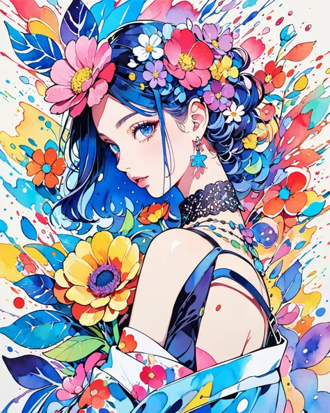 (   most beautiful girl  )、  stylish  なファッション、 8K product、  intense watercolor、  Detailsな水彩画、  watercolor splash  、  avant-garde pop art、  Beautiful and Expressive Paintings、  very colorful shade  、wonderful、Cool Beauty、  top quality、  Official Art、  vecto...