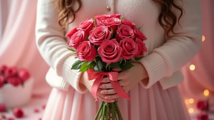 A romantic moment ， A person hands a bouquet of bright red pink roses tied with a ribbon. The background is softly blurred， with soft colors and glowing bokeh effects ， creates an intimate and dreamy feeling 