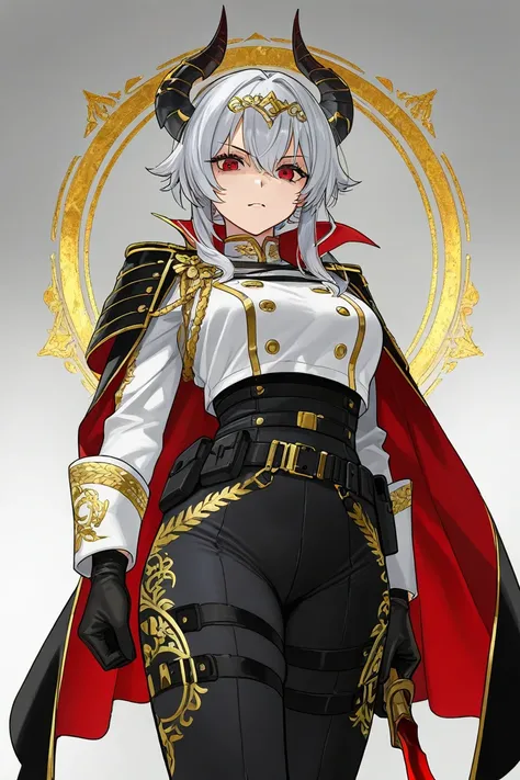 A confident female character with silver hair and red eyes, wearing a stylish white military-style blouse with golden accents, black leather gloves, and a black tactical belt. She has black tight-fitting pants with gold embroidery and is wearing black high...