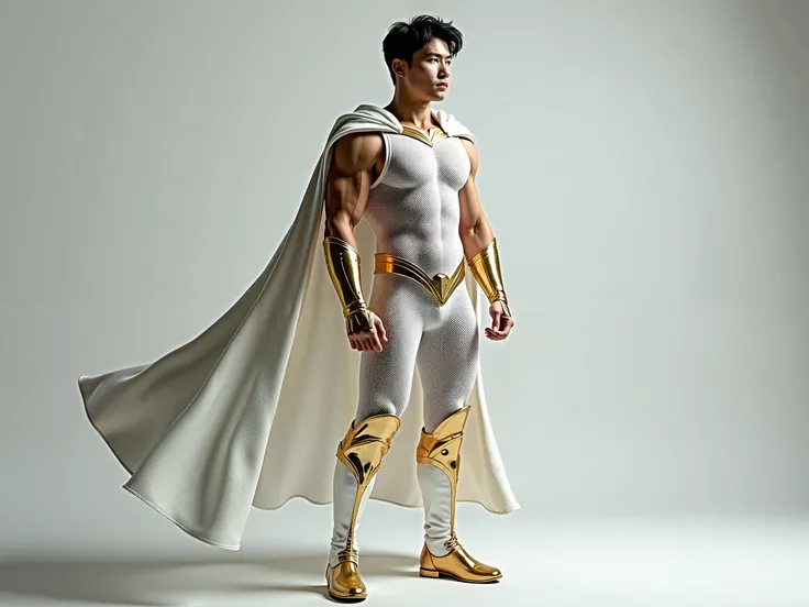 Full body photorealistic handsome hunky masculine Superhero , extremely attractive asian  male wearing white and gold scales transparent mesh bodysuit and boots white leather Cape,,,extremely masculine physique,  super bulge, realistic skin, short tousled ...