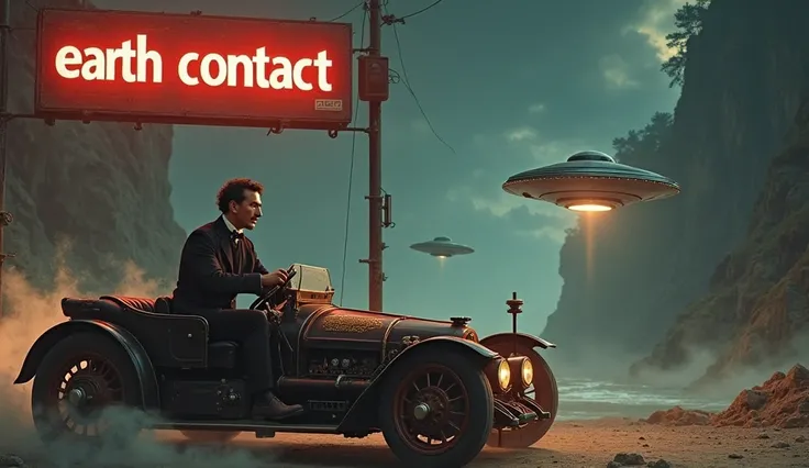 Nicola Tesla driving a car of his time with electronics and there is a robot and a sign where it is written in French with the correct spelling" earth contact  "  Was written  (" earth contact  ").And there is also an alien little gray and a UFO.