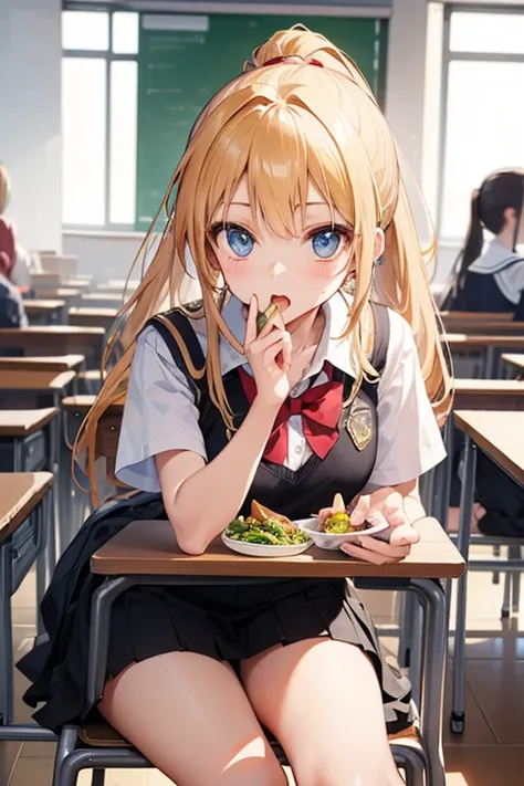 Female students eating in a school classroom, Gold, ponytail, sitting on a chair,  is looking at this, open your mouth, blue eyes