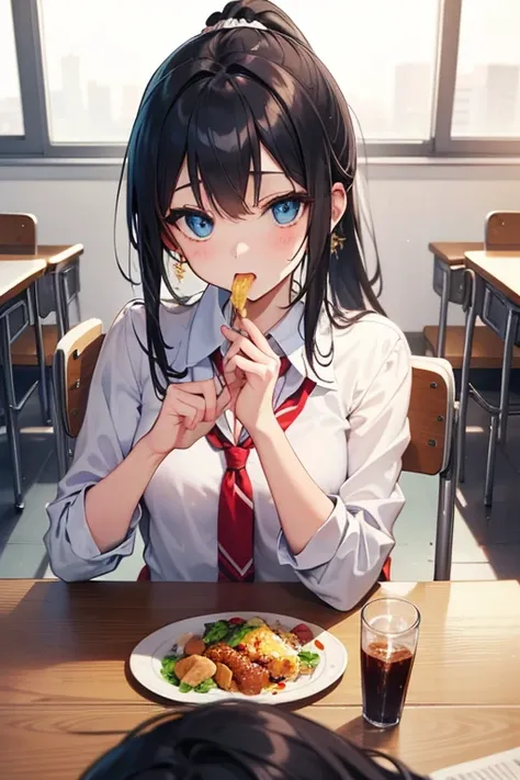 Female students eating in a school classroom, Gold, ponytail, sitting on a chair,  is looking at this, open your mouth, blue eyes