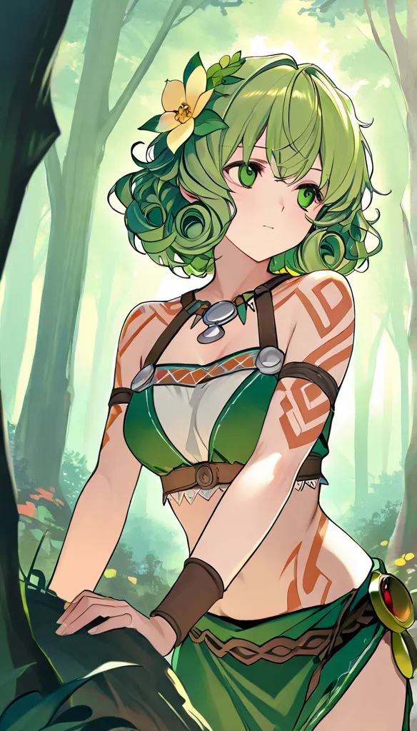  sure_Pos, score_9, score_8_above, score_7_above, score_6_above, score_5_above, score_4_above, 1 , Celtic girl ,  green hair, flowers in the hair,  short hair,  curly hair,  In the forest,  tribal tattoos, Celtic clothes