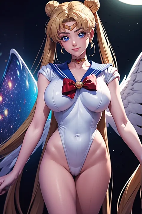 Sailor Moon,   in the seat,  Athletic Body ,  blue eyes,    long golden hair ,   white ultra-thin super high leg leotard sailor suit  , Moon Headdress  , Hotel Bedroom 、 confident smile  . perfectly emphasizes anatomical features .Enchant the viewer.   tec...