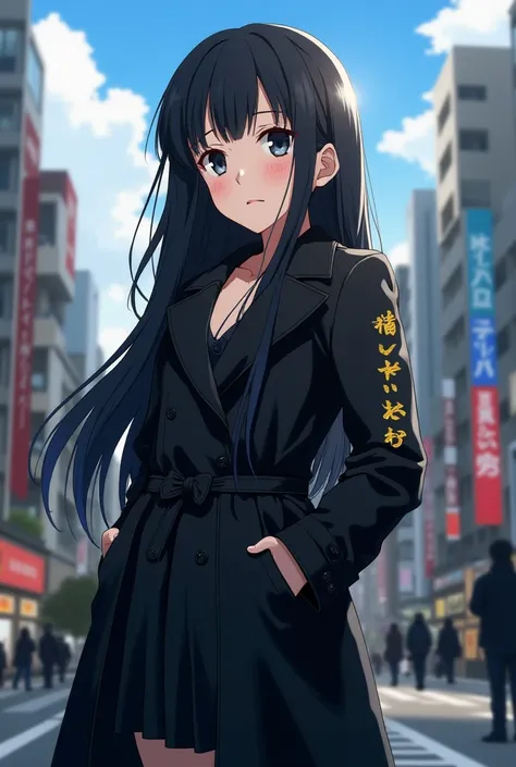 A 25-year-old teenager with black hair that reaches her waist and black eyes in the background, a beautiful landscape of Shibuya, Japan, with a nostalgic smile, anime-style Tokyo Revengers, who has a medium bust and wide hips and who is very pretty and who...