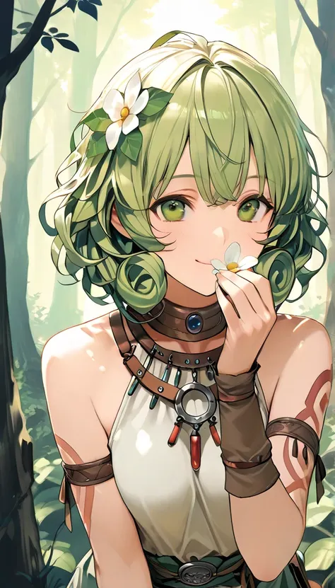  sure_Pos, score_9, score_8_above, score_7_above, score_6_above, score_5_above, score_4_above, 1 , Celtic girl ,  green hair, flowers in the hair,  short hair,  curly hair,  In the forest,  tribal tattoos, Celtic clothes, alone, Smelling flowers,  sweet sm...