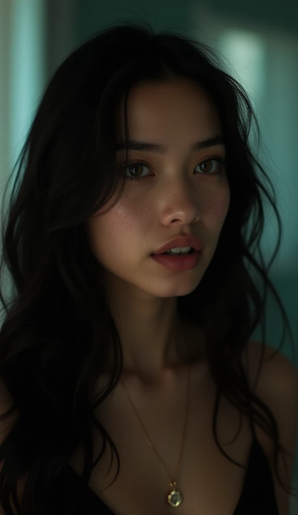 18 year old American woman, small lips, green eyes, medium eyelashes, medium nose, medium ears, thick eyebrows, long black hair, looks away, natural skin, moles on skin, (cinematic, film grain: 1.1) smile, dynamic body posture, full body, + cinematic darkn...