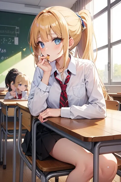 Female students eating in a school classroom, Gold, ponytail, sitting on a chair,  is looking at this, open your mouth, blue eyes,small sandwich, Classroom desk,pack juice