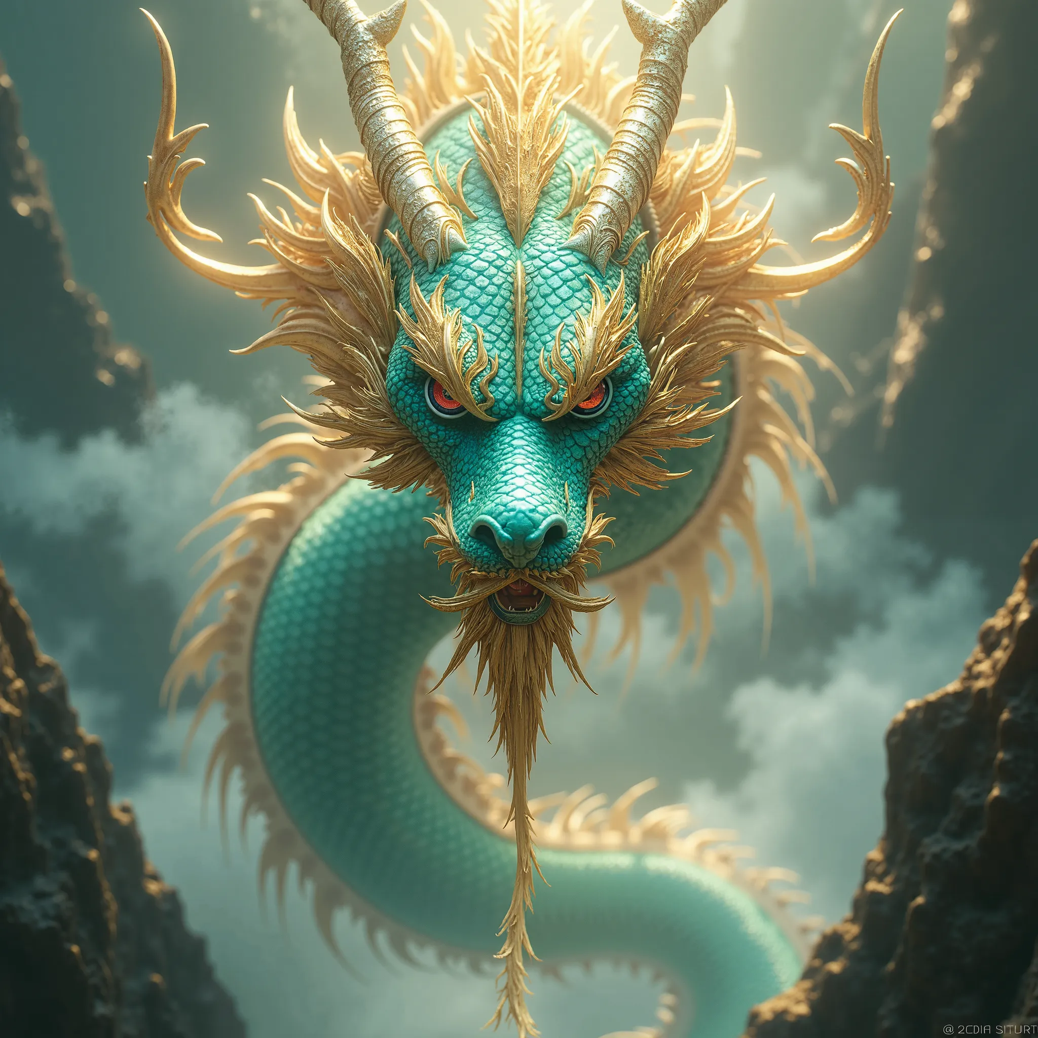 A giant oriental dragon looking down at us 、 A dragon that has beautiful Oriental scales on its body and is turquoise blue and gives off an aura of gold、Rin々 facing the front like 