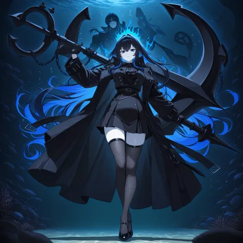  pretty voluptuous anime girl,  pale skin , cabello largo azul dark con negro, blue aura,  black coat ,  black skirt,  mesh stockings,  elegant shoes, Holds a giant anchor on his shoulder,  cheekbones penetrating look, deep underwater background with vario...