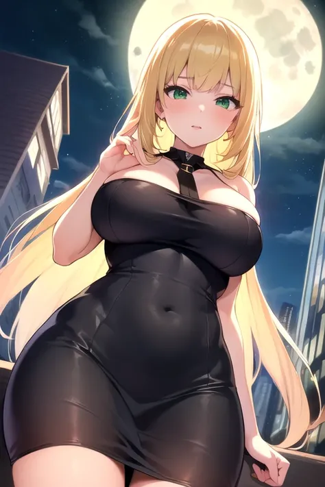 (( The best quality )), ((Super masterpiece)), ( ultra detailed ), 1 girl, (( in a tight dress )), (( blonde hair)), (( green eyes )), (( big breasts)), (( neckline )), ((a night cityscape )), (( with a full Moon in the sky)), (( looking at the camera)), (...