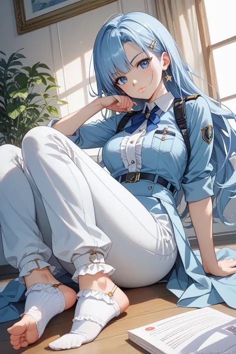  adult woman 40 years old cop in light blue uniform、  sitting 、  ruffled socks 、  feet from the bottom、  、 safe, sexy, Moderate,  looking at the camera、 long pants, big boobs,  neckline  、  puffy lips 、  fingerless clothing 、  、  masterpiece、 high quality,...